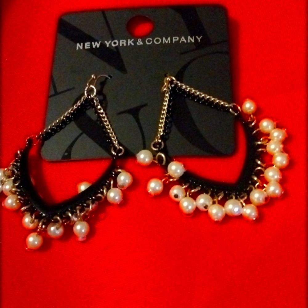 Black with White pearl stones hanging earrings in Goldtone